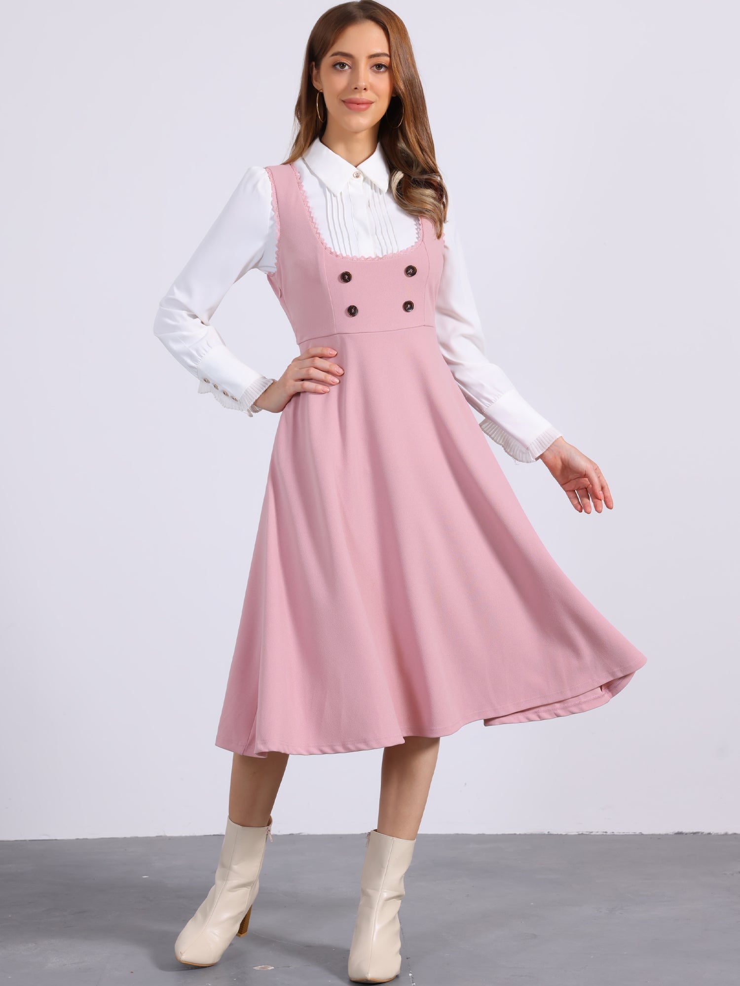 Lace Trim Button Decor Pockets Overalls Midi Pinafore Dress