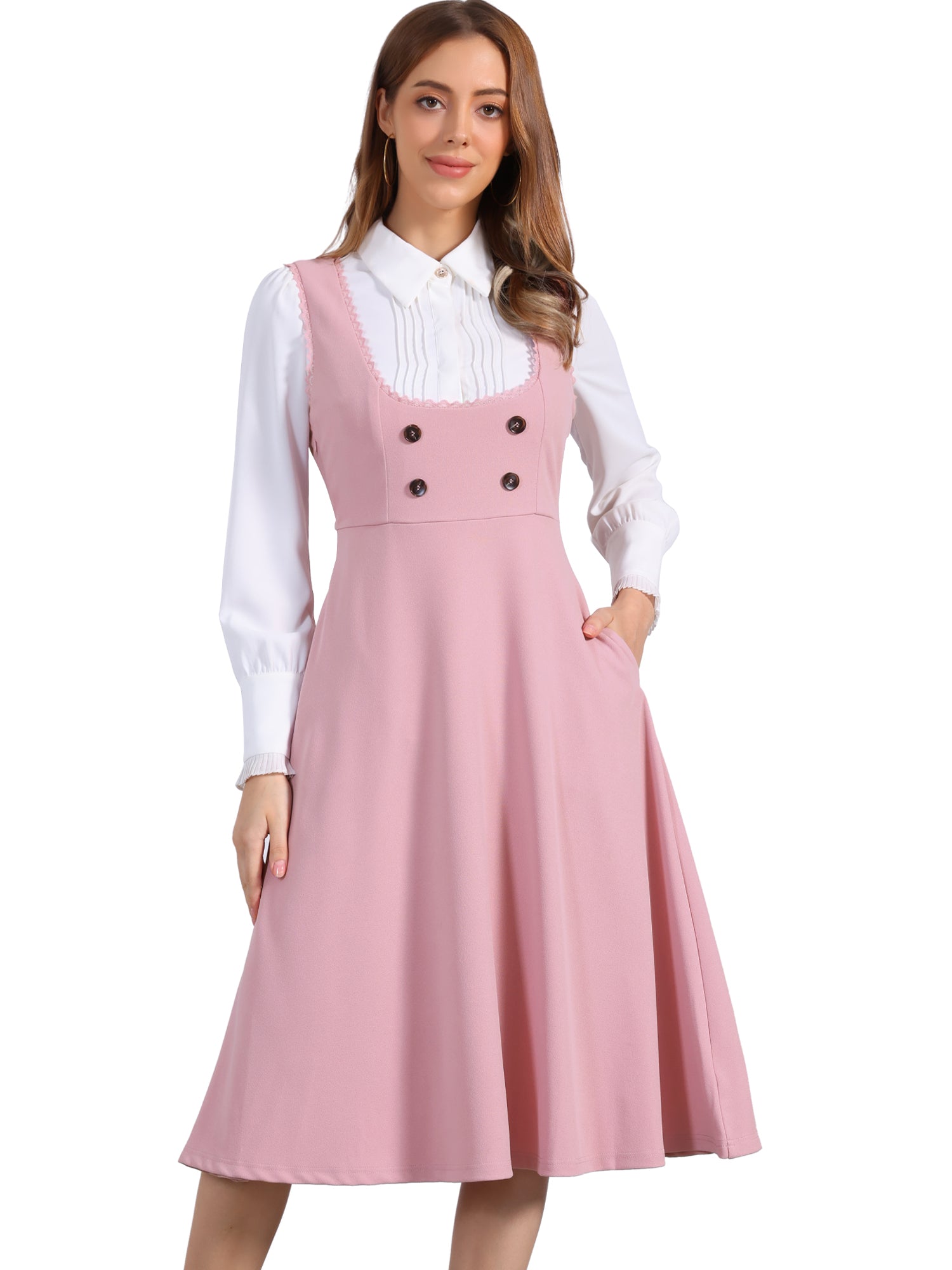 Lace Trim Button Decor Pockets Overalls Midi Pinafore Dress