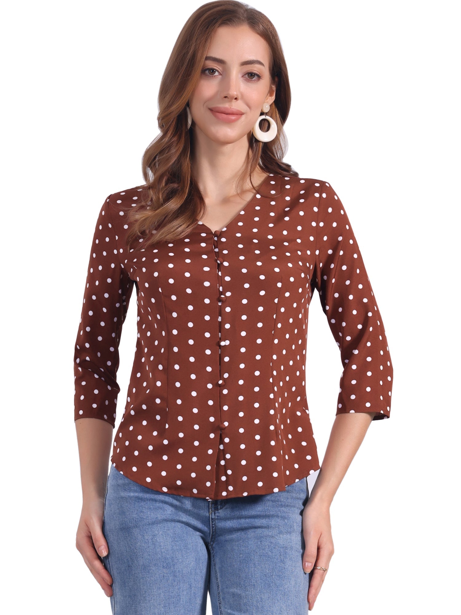Polka Dots 3/4 Sleeve Button Front Vintage Office Blouse Top