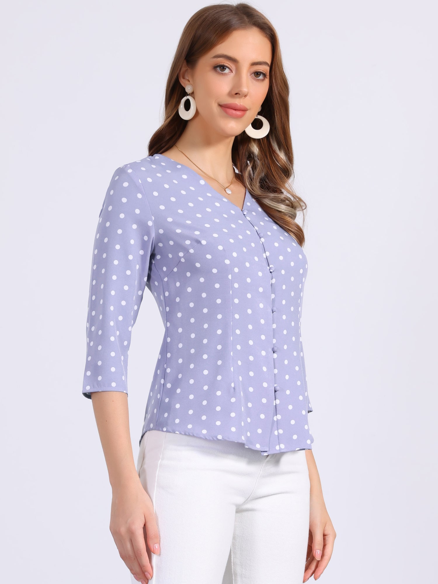 Polka Dots 3/4 Sleeve Button Front Vintage Office Blouse Top