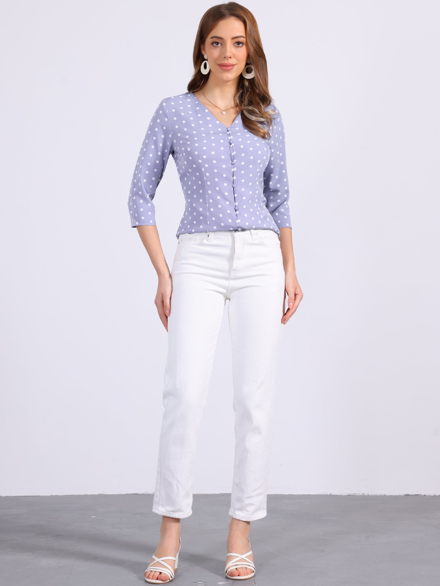 Polka Dots 3/4 Sleeve Button Front Vintage Office Blouse Top