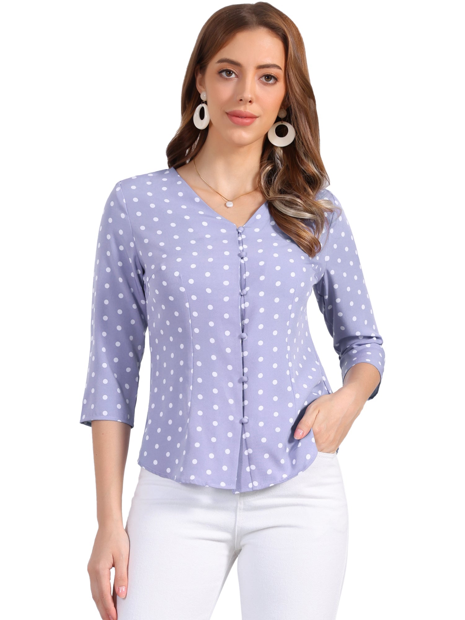 Polka Dots 3/4 Sleeve Button Front Vintage Office Blouse Top