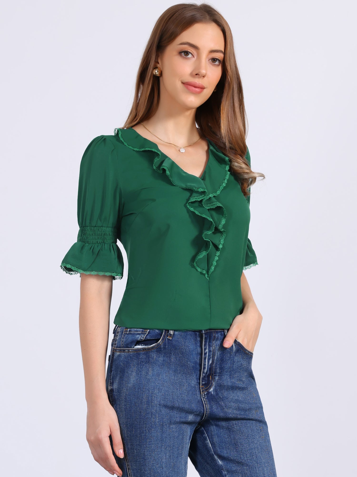 Ruffle Puff Sleeve Lace Trim Chiffon Peasant Blouse
