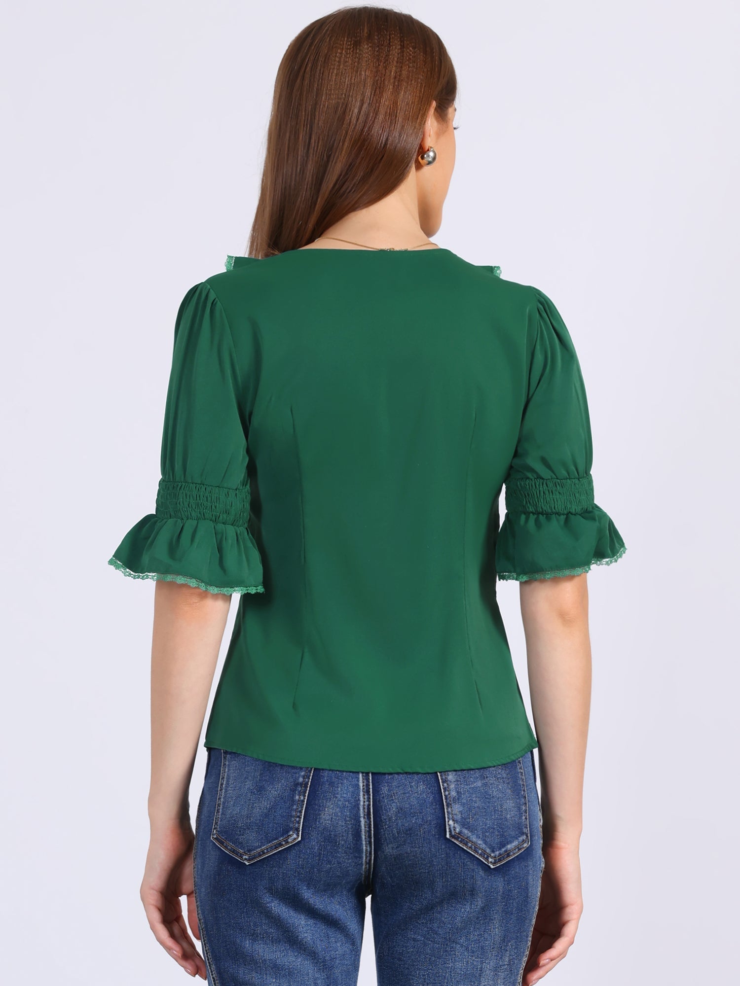 Ruffle Puff Sleeve Lace Trim Chiffon Peasant Blouse