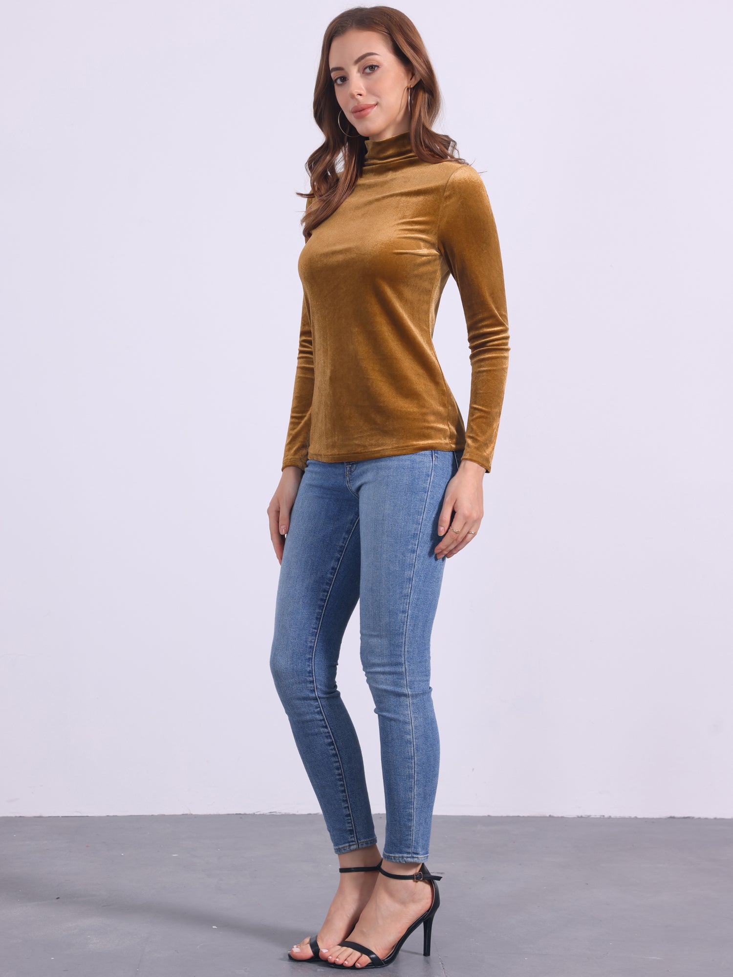 Turtleneck Velvet Top Long Sleeve Work Shirt Basic Velour Blouse