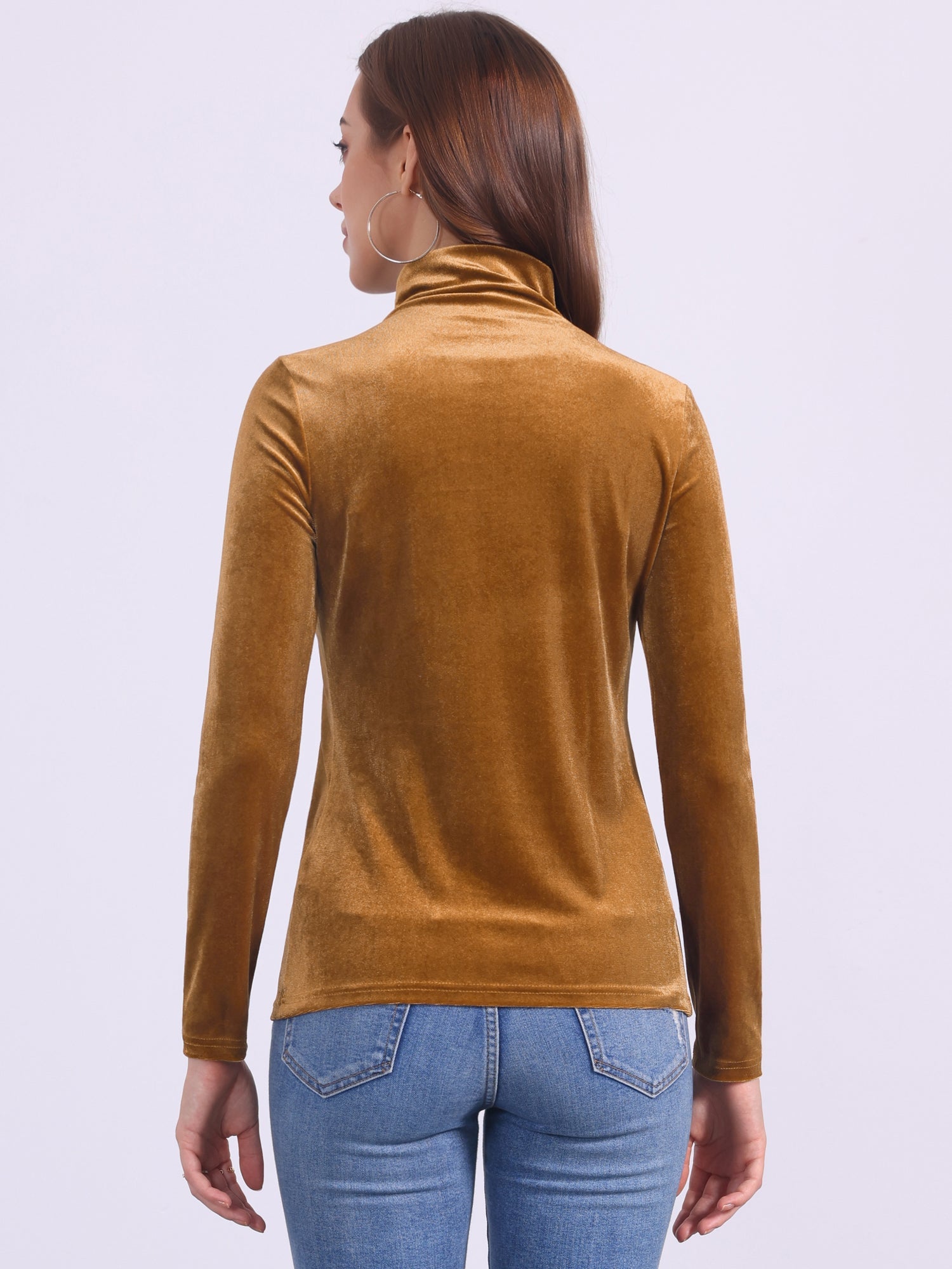 Turtleneck Velvet Top Long Sleeve Work Shirt Basic Velour Blouse
