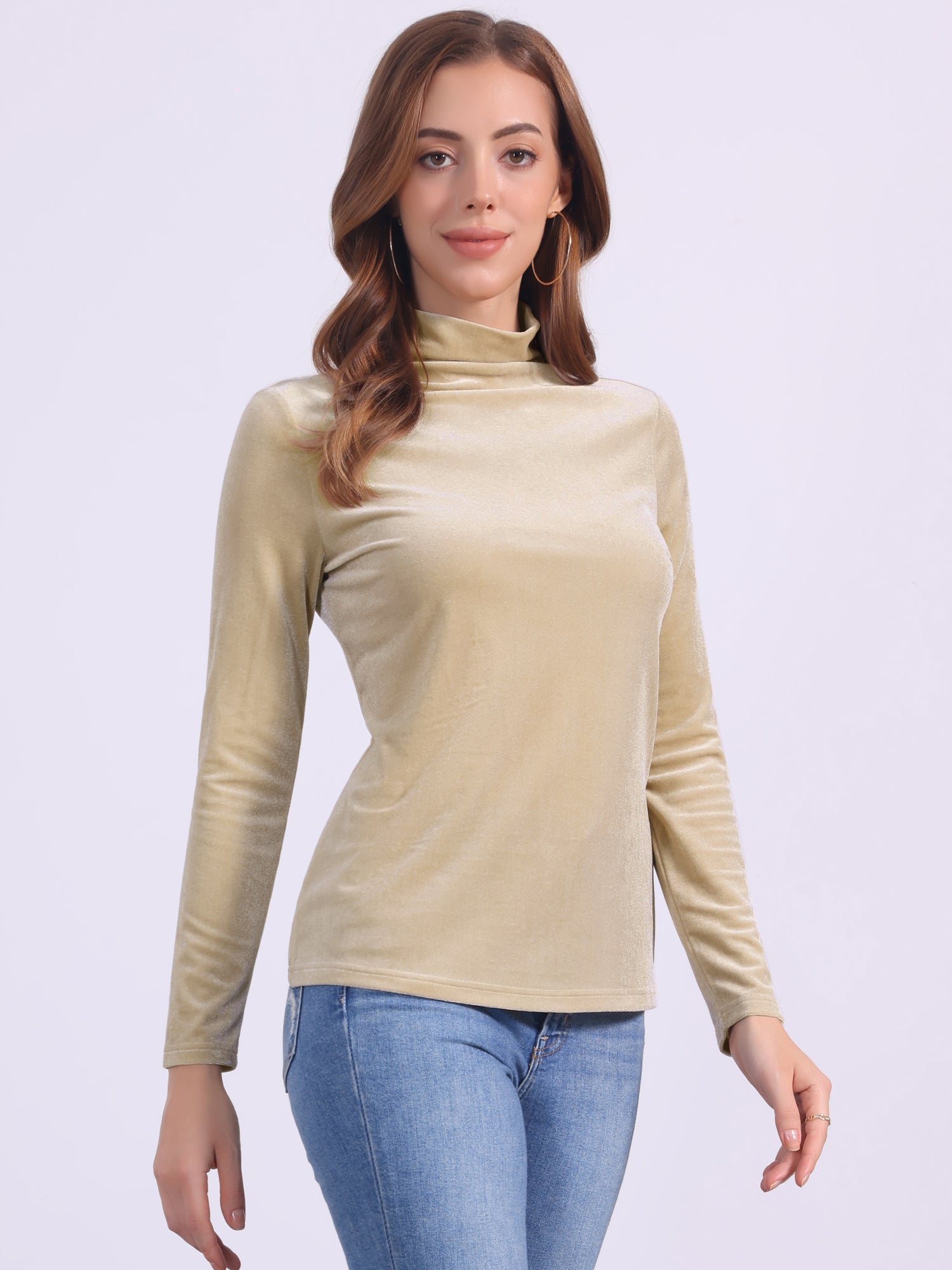 Turtleneck Velvet Top Long Sleeve Work Shirt Basic Velour Blouse