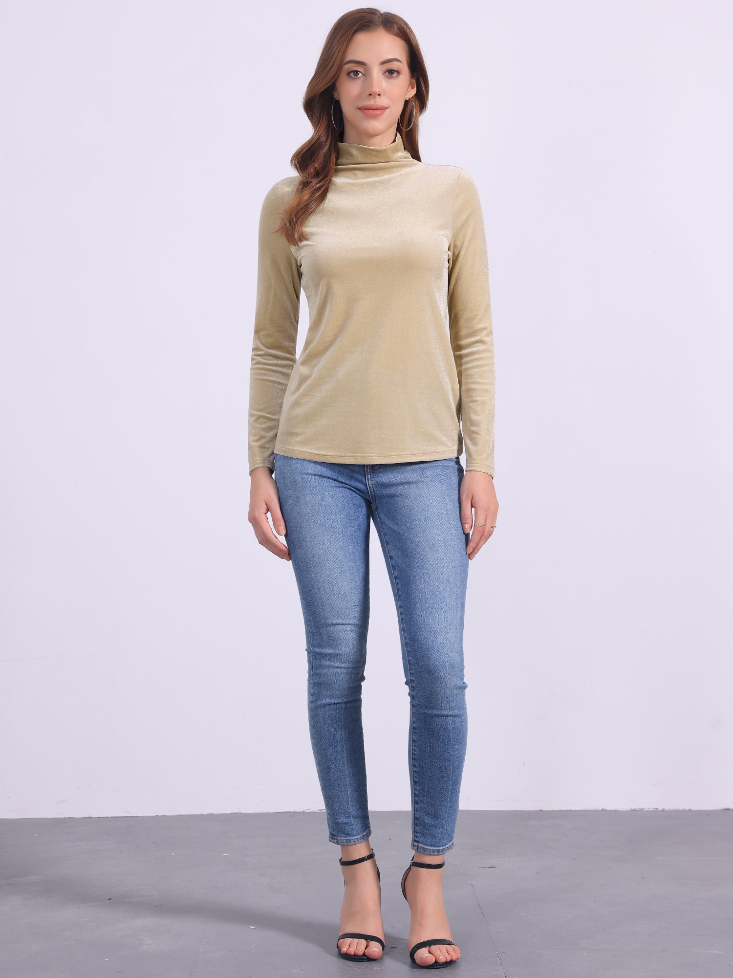 Turtleneck Velvet Top Long Sleeve Work Shirt Basic Velour Blouse