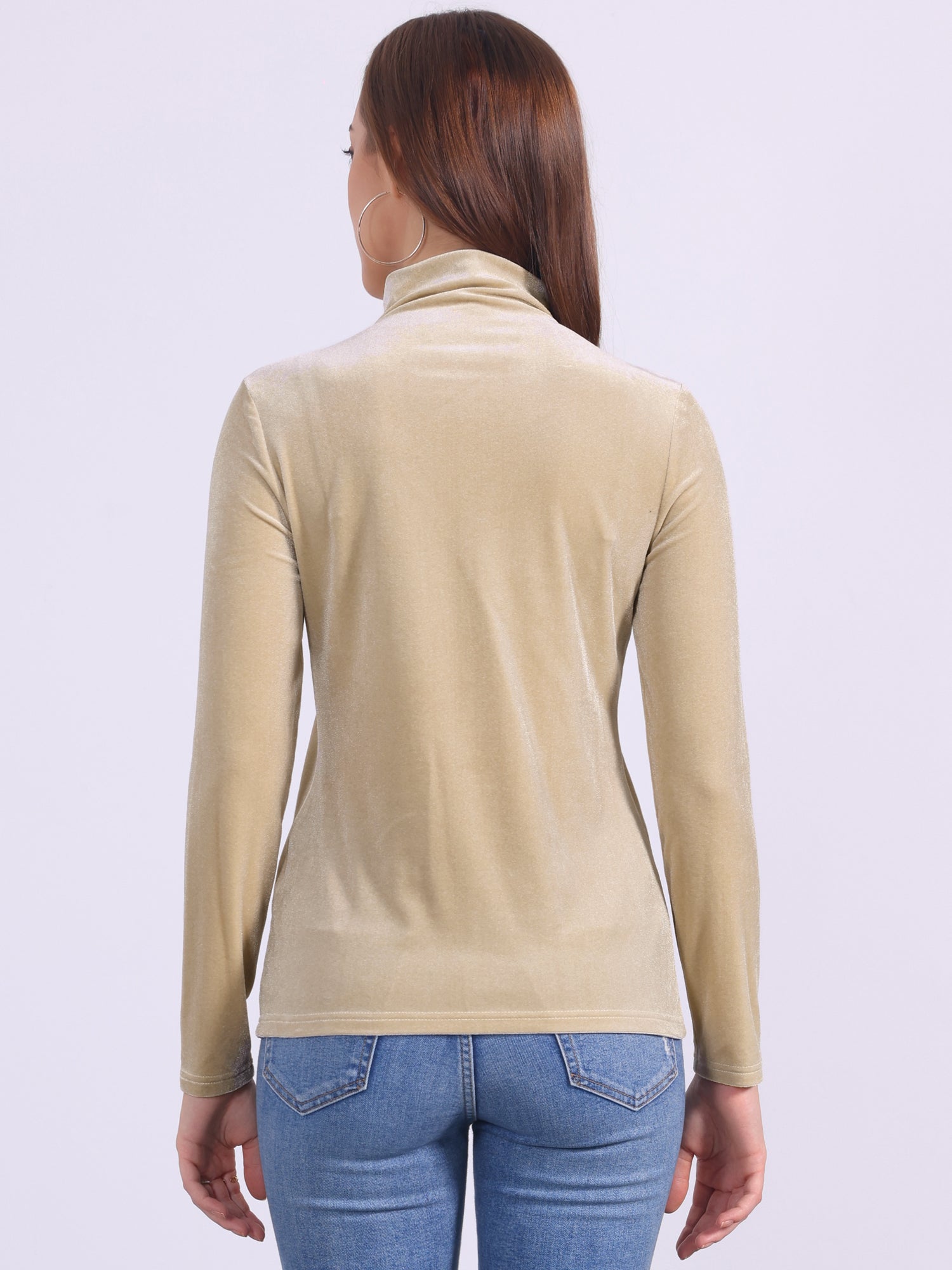Turtleneck Velvet Top Long Sleeve Work Shirt Basic Velour Blouse