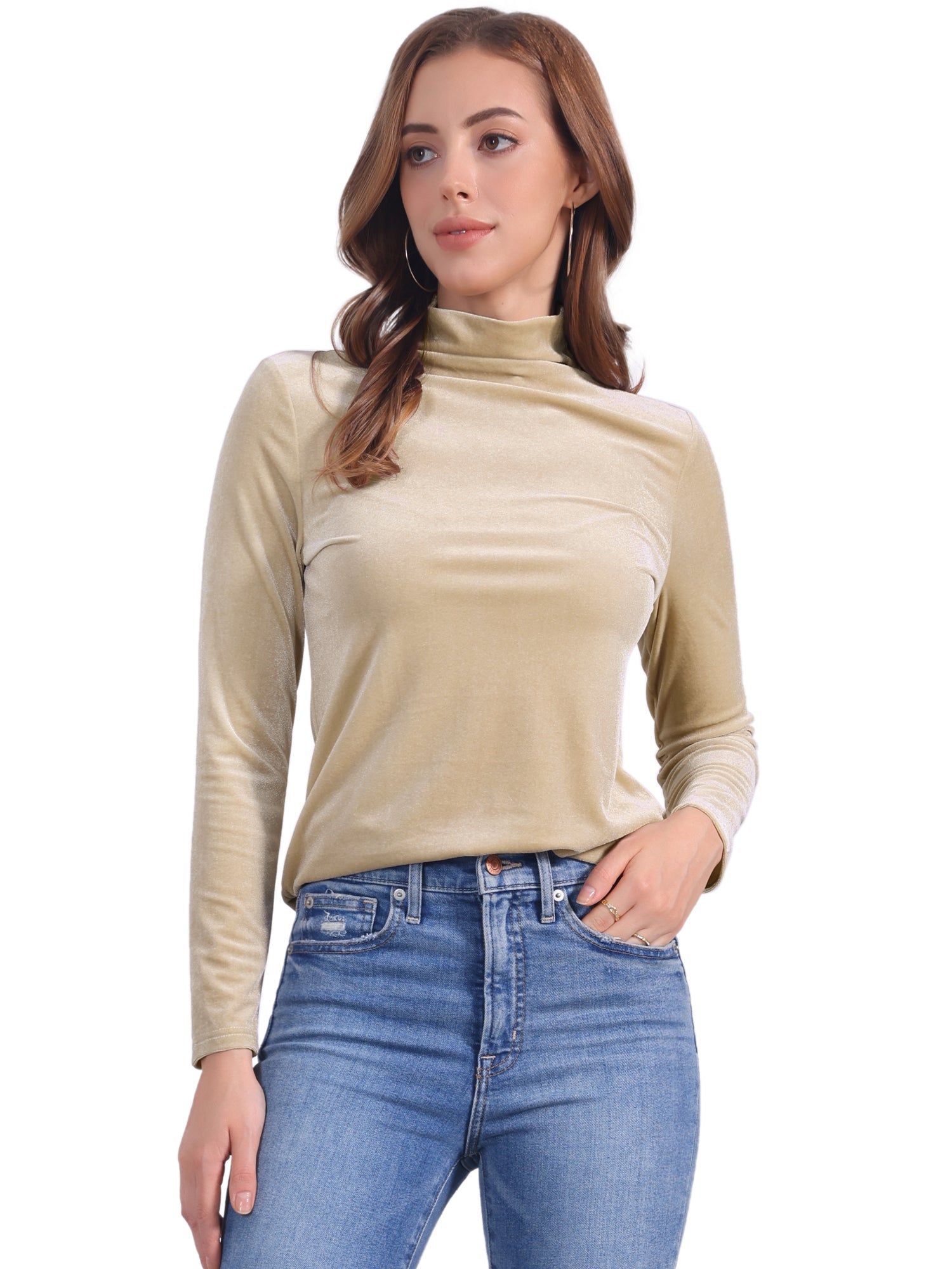 Turtleneck Velvet Top Long Sleeve Work Shirt Basic Velour Blouse