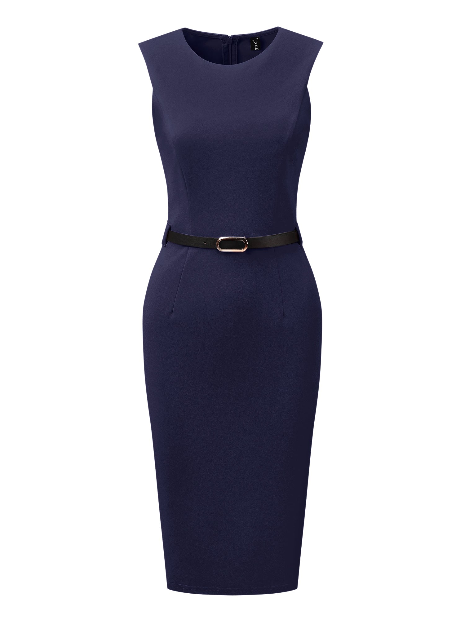 Belted Sheath Round Neck Sleeveless Casual Office Dress