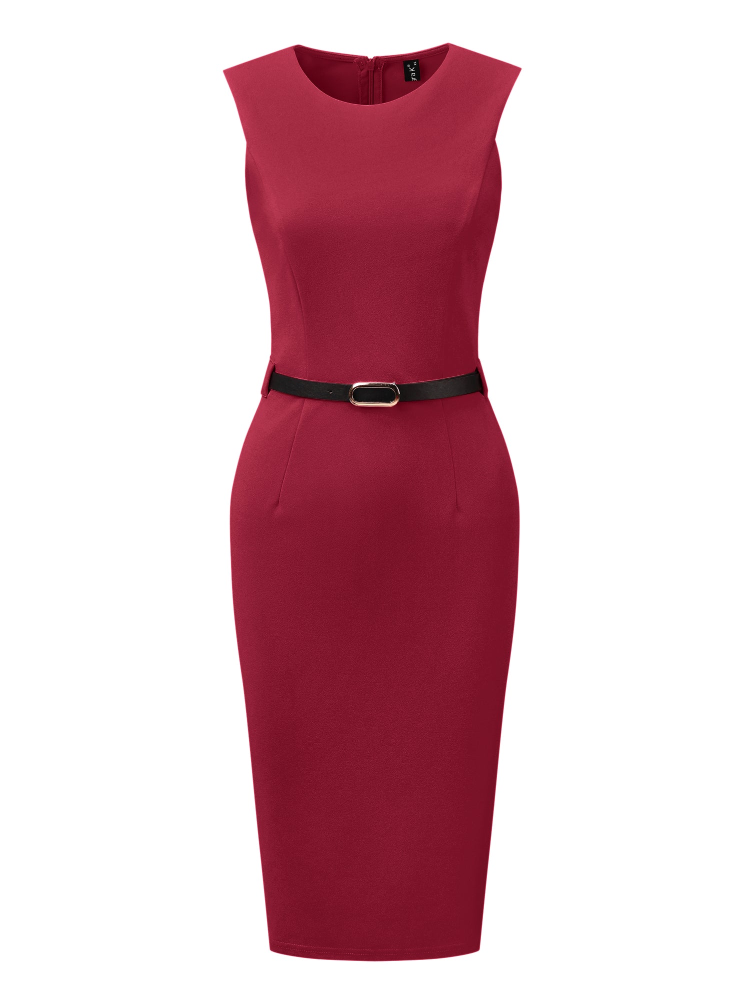 Belted Sheath Round Neck Sleeveless Casual Office Dress