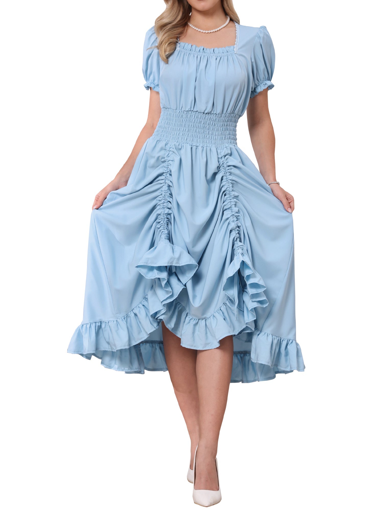 Renaissance Costume Smocked Waist Ruffle Midi Victorian Dress