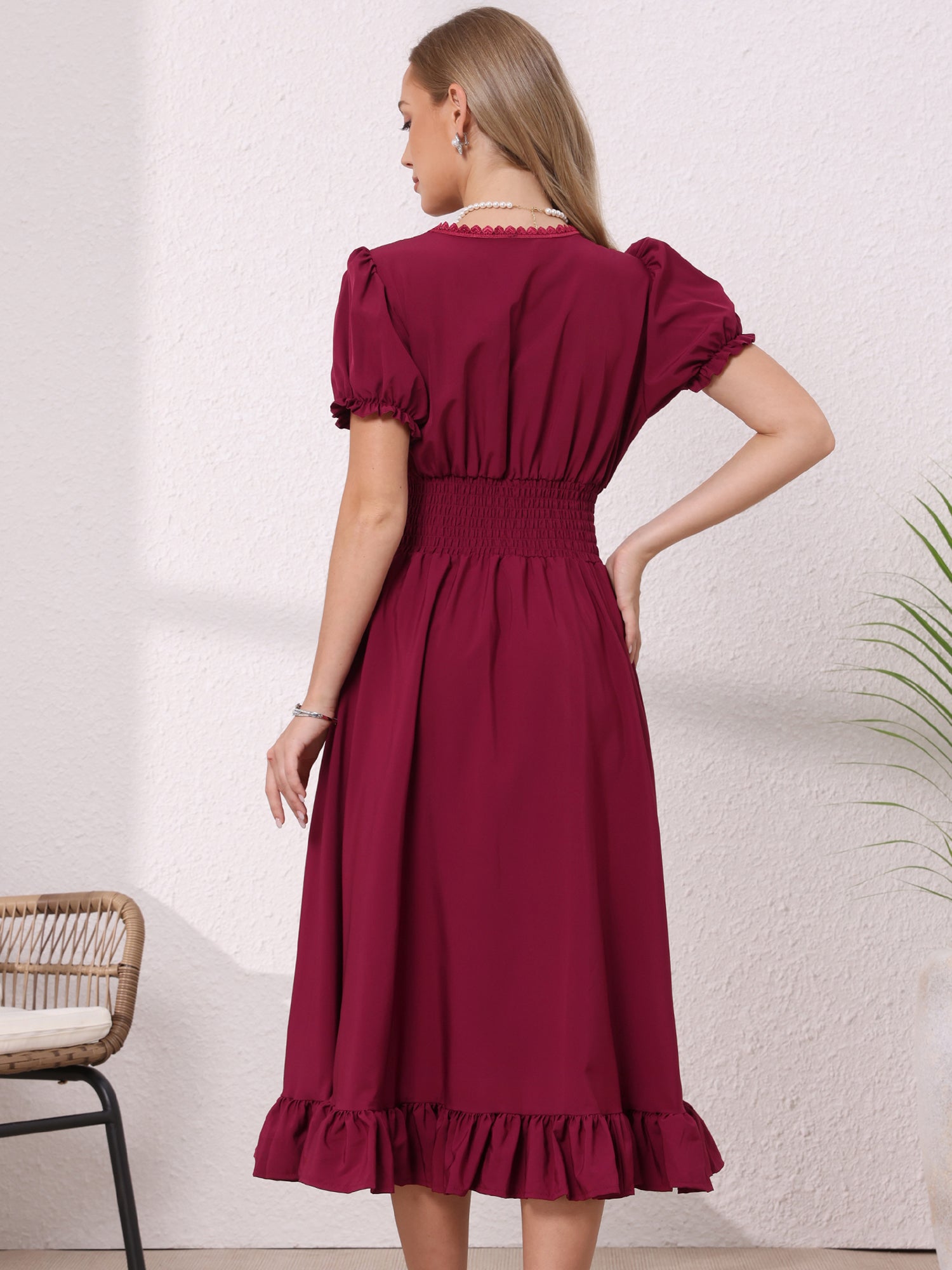 Renaissance Costume Smocked Waist Ruffle Midi Victorian Dress
