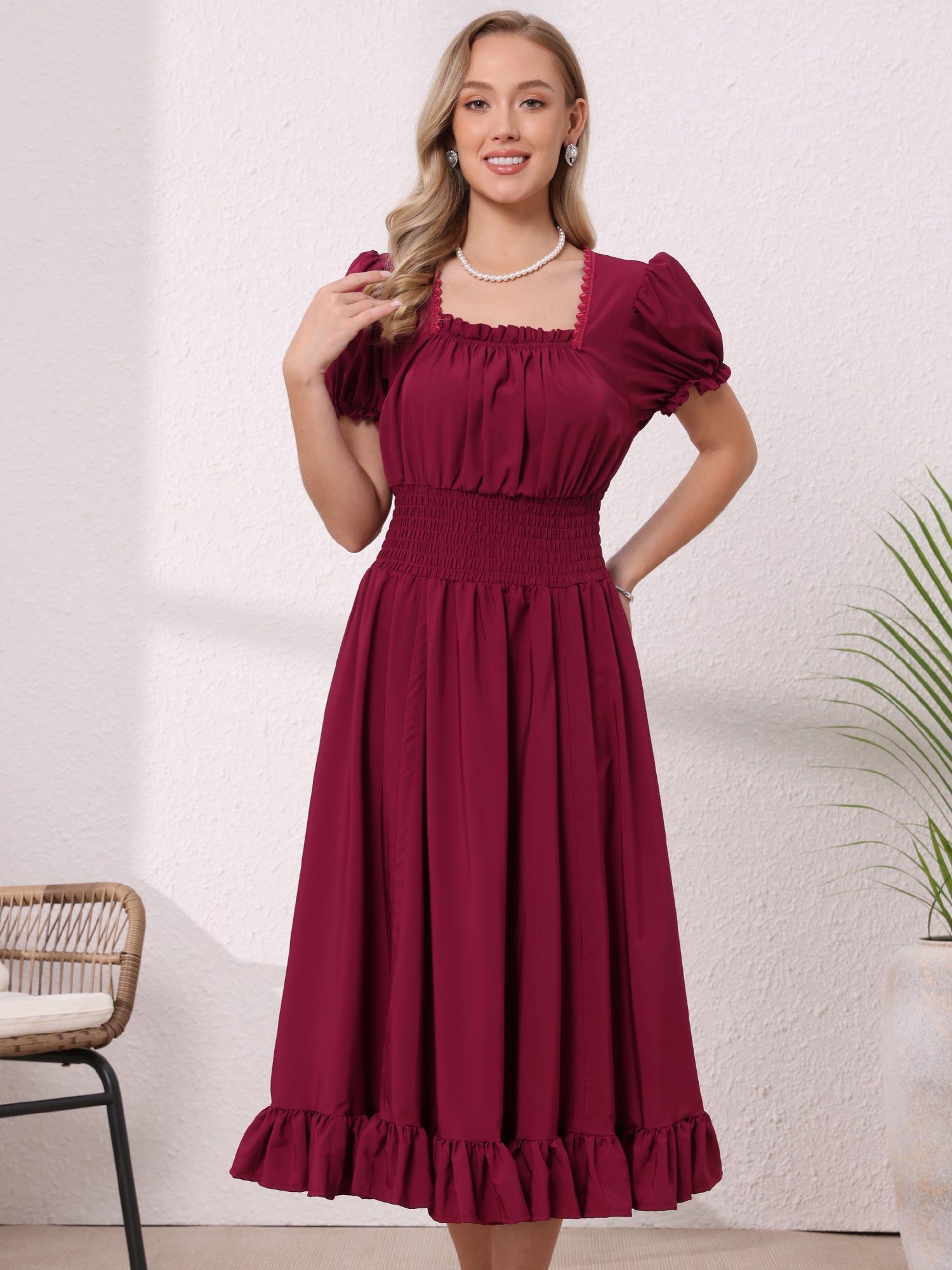 Renaissance Costume Smocked Waist Ruffle Midi Victorian Dress