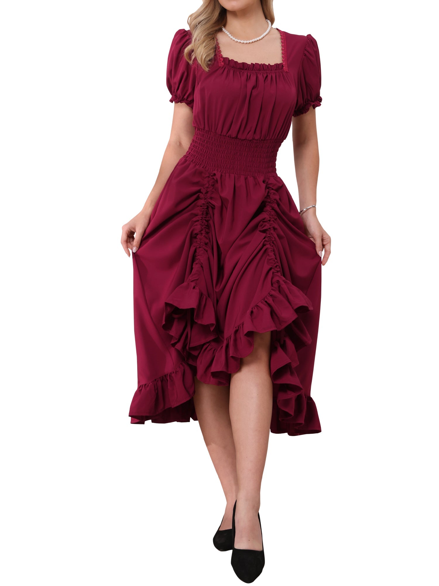 Renaissance Costume Smocked Waist Ruffle Midi Victorian Dress