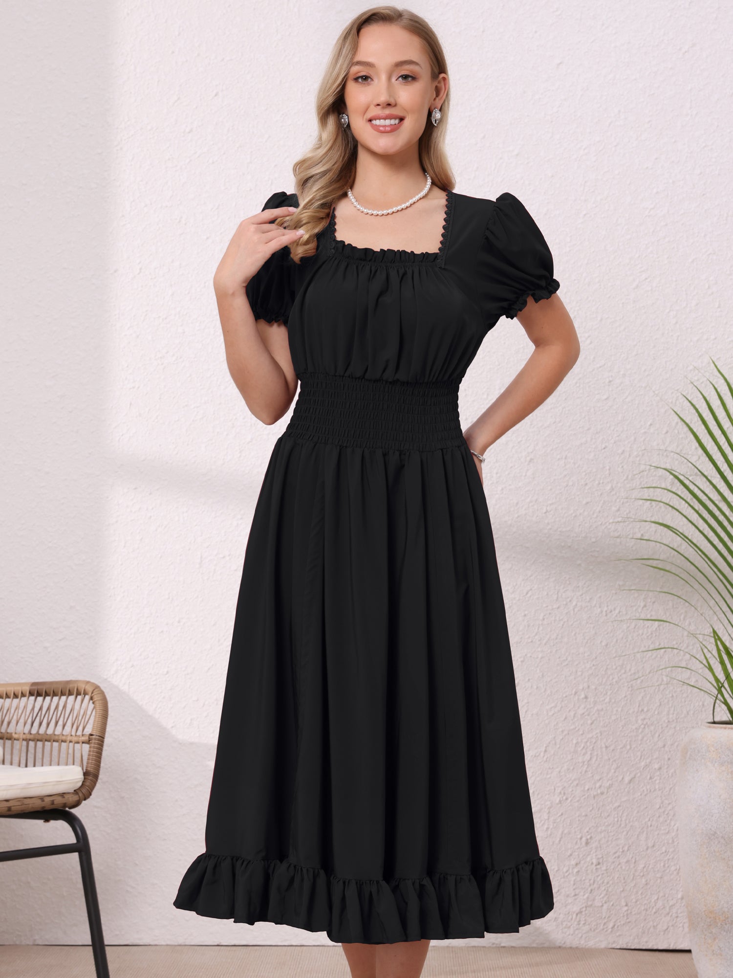 Renaissance Costume Smocked Waist Ruffle Midi Victorian Dress
