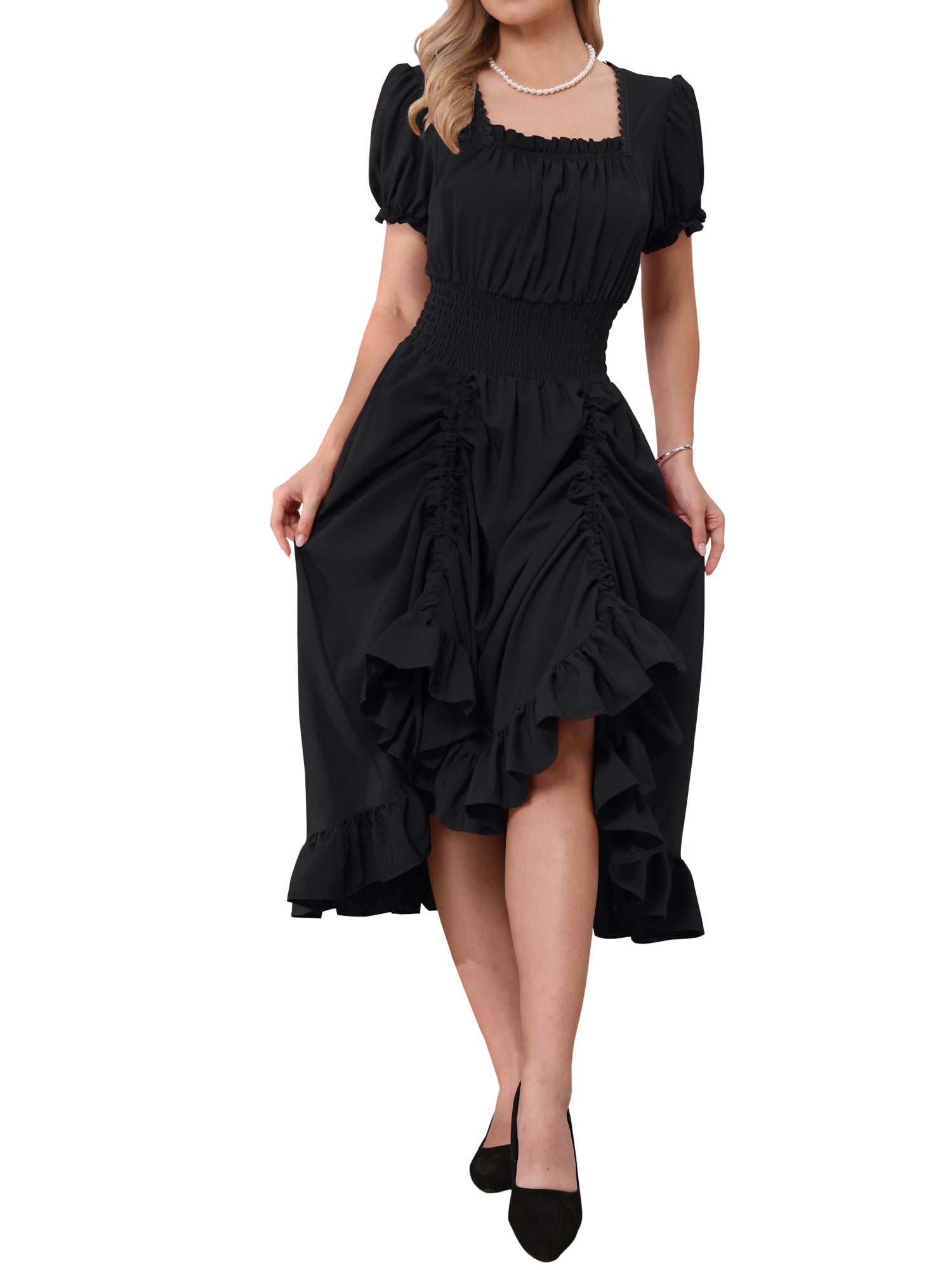 Renaissance Costume Smocked Waist Ruffle Midi Victorian Dress