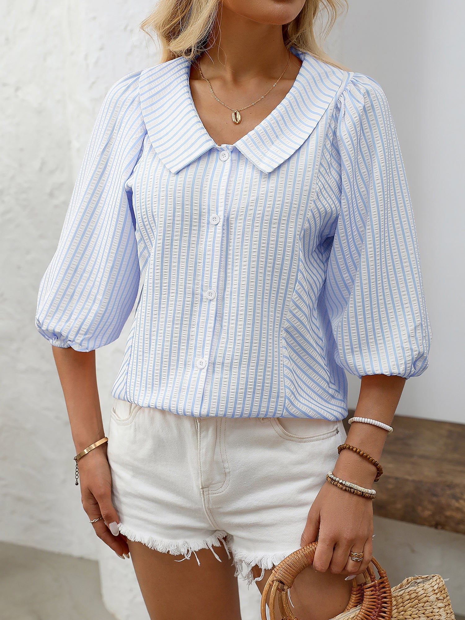 Lapel Puff 3/4 Sleeve Striped Button Down Blouse