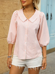 Lapel Puff 3/4 Sleeve Striped Button Down Blouse