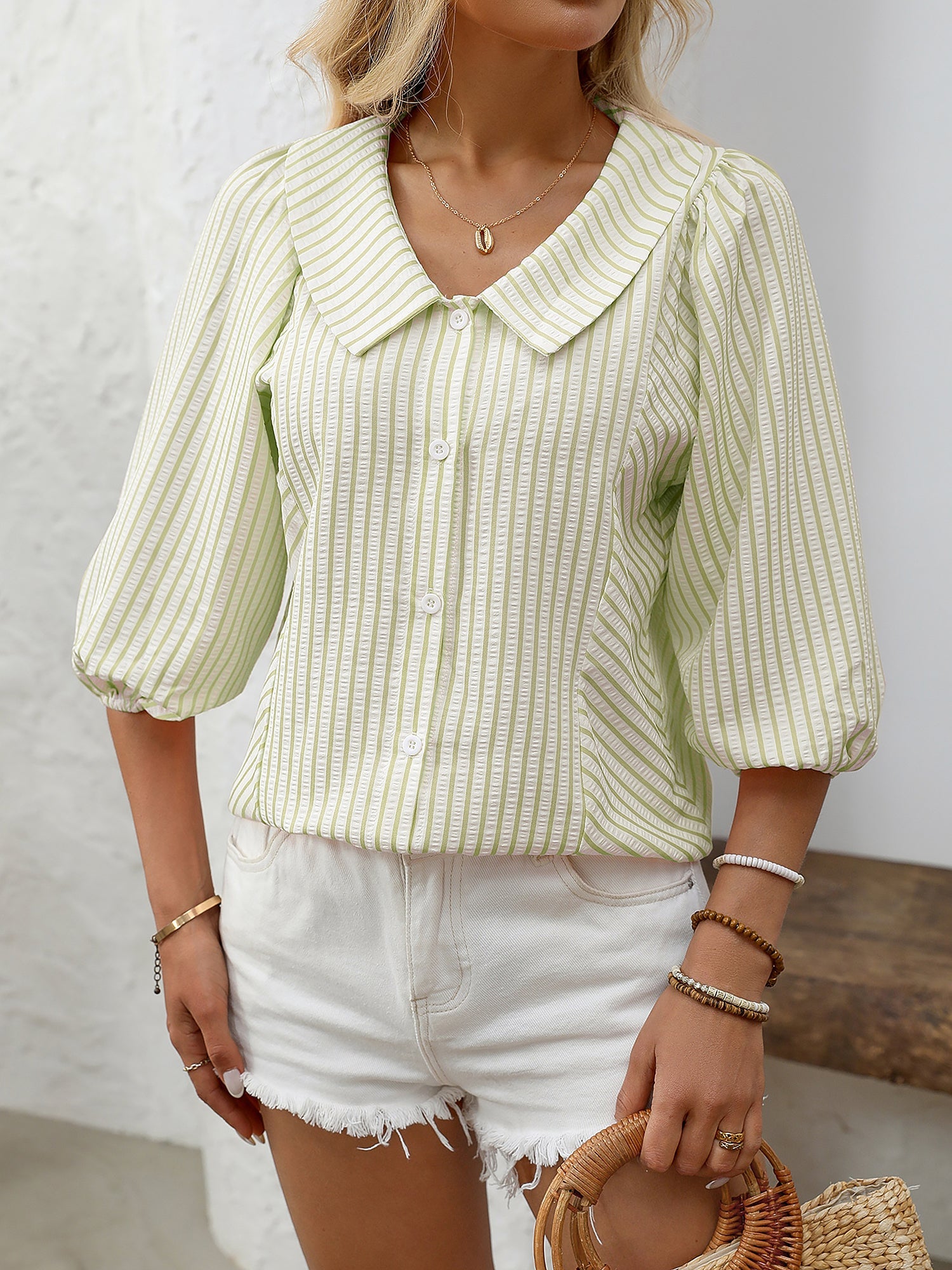 Lapel Puff 3/4 Sleeve Striped Button Down Blouse