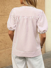 Trendy Notch Collar Neck Puff Sleeves Striped Casual Office Blouse