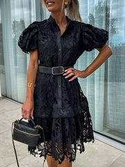 Puff Short Sleeves Lace Belted Midi Dress