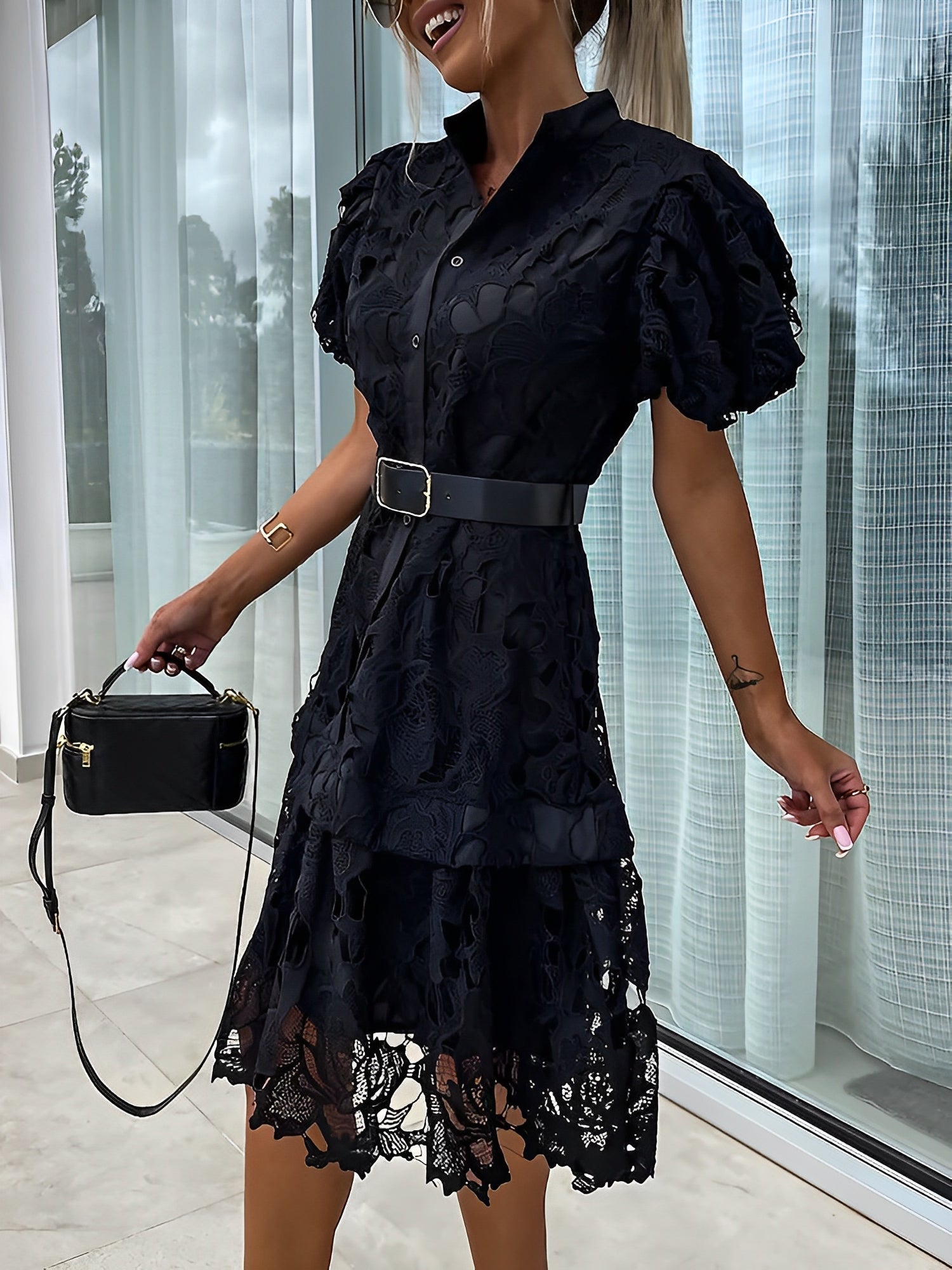 Puff Short Sleeves Lace Belted Midi Dress