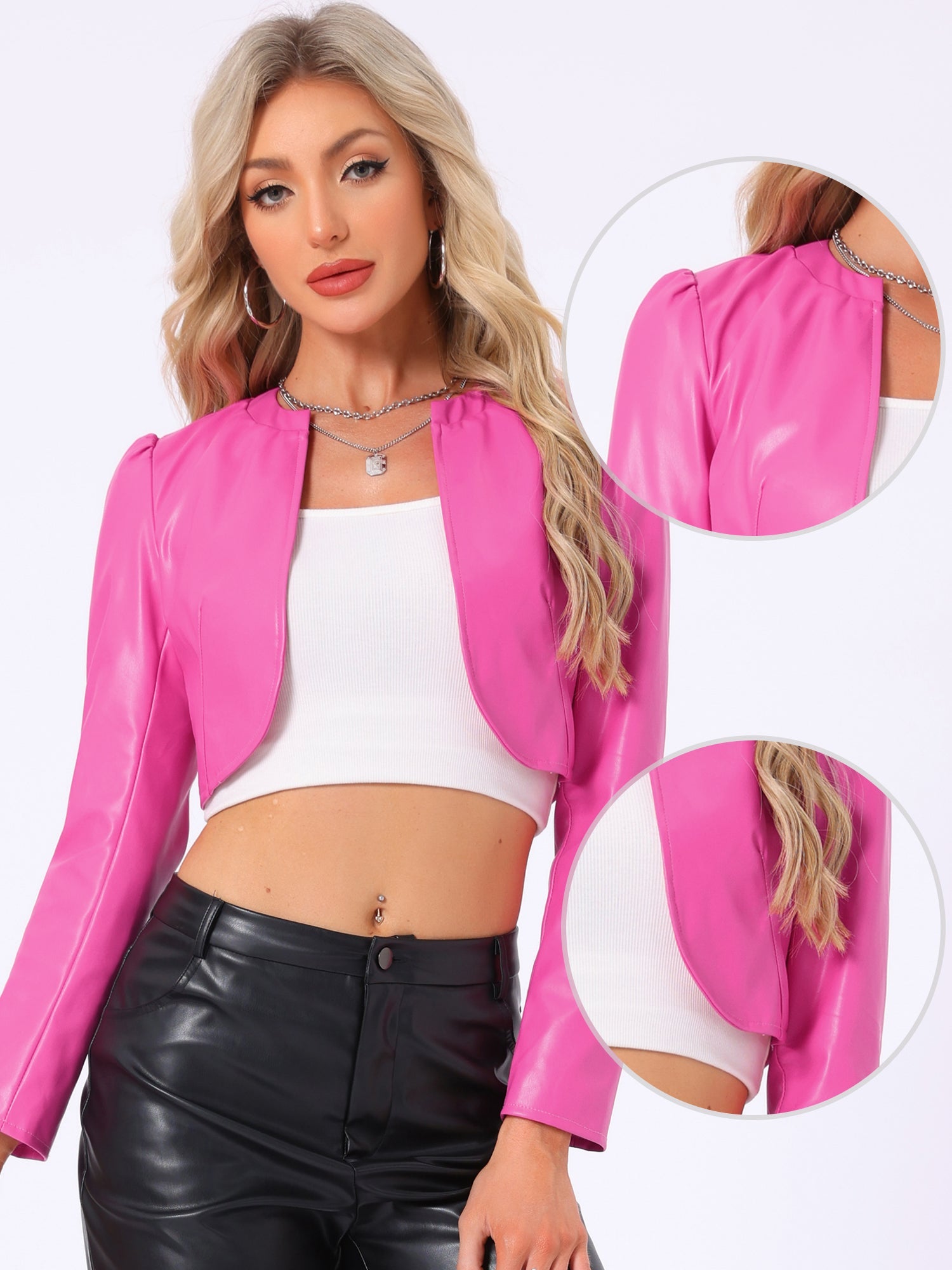 PU Bolero Open Front Leather Cropped Long Sleeve Cardigan