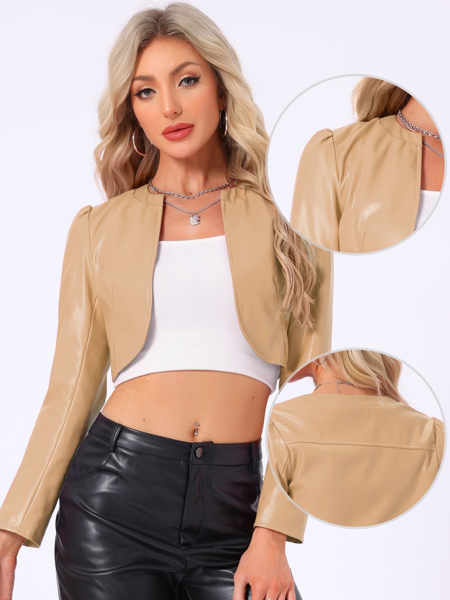 PU Bolero Open Front Leather Cropped Long Sleeve Cardigan