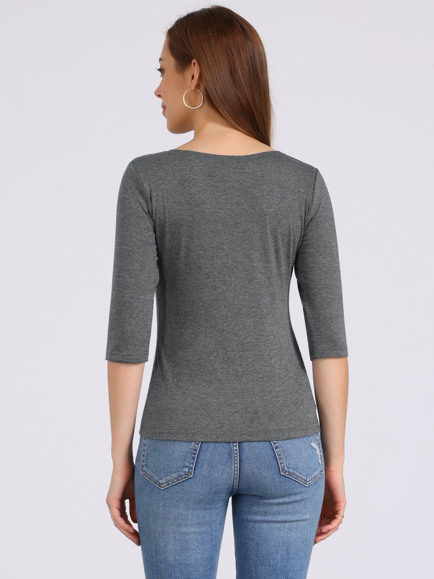 Casual Boat Neck 3/4 Sleeve Solid Basic T-shirt