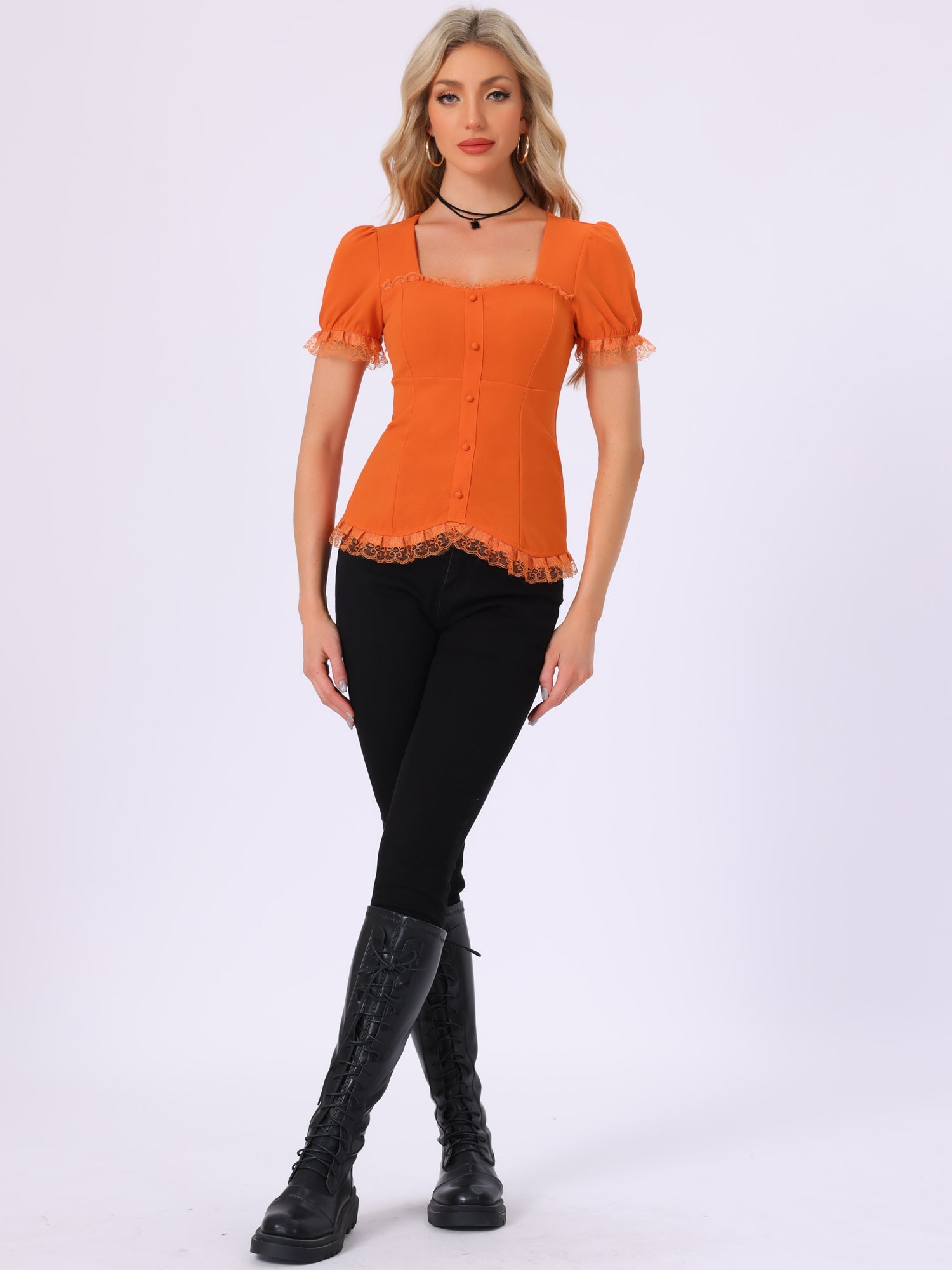 Sweetheart Neck Puff Short Sleeve Lace Up Gothic Blouse