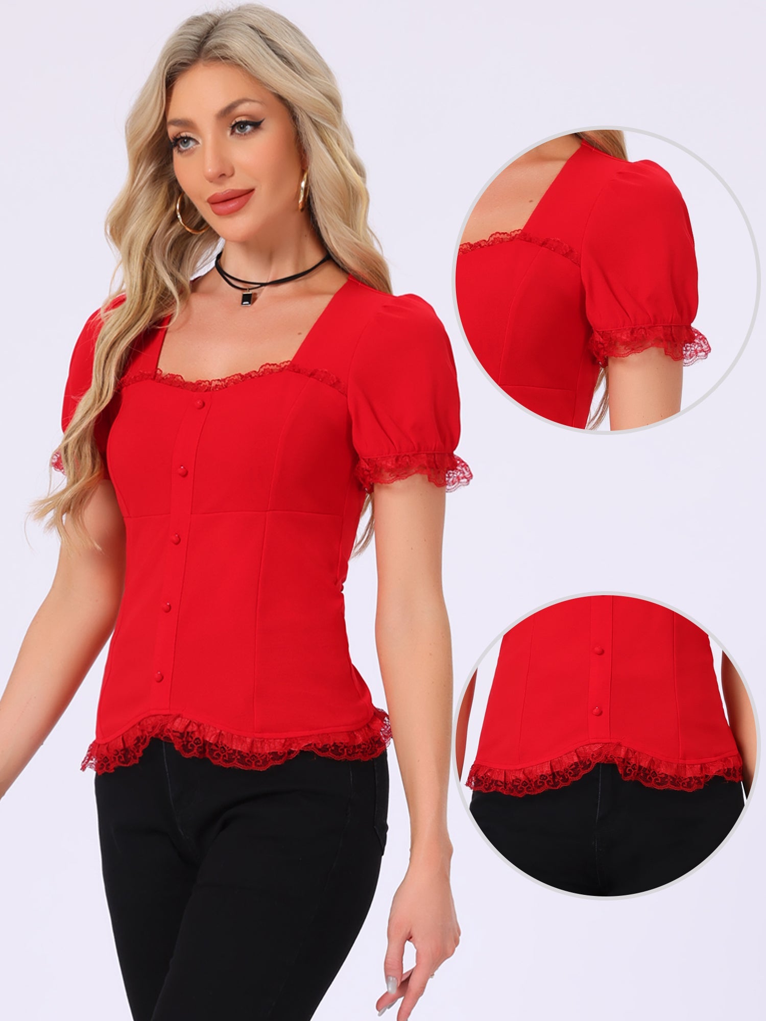 Sweetheart Neck Puff Short Sleeve Lace Up Gothic Blouse