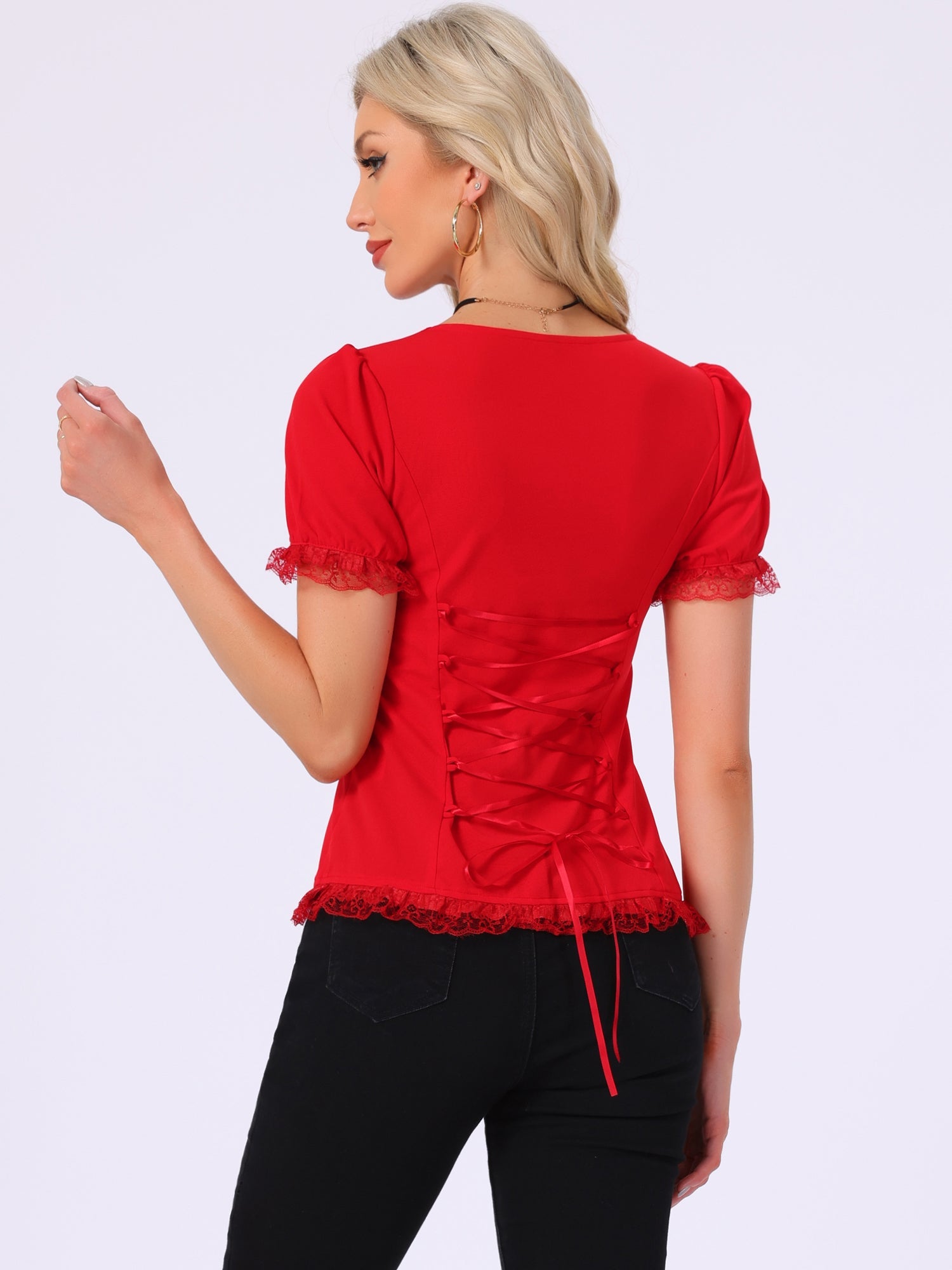 Sweetheart Neck Puff Short Sleeve Lace Up Gothic Blouse