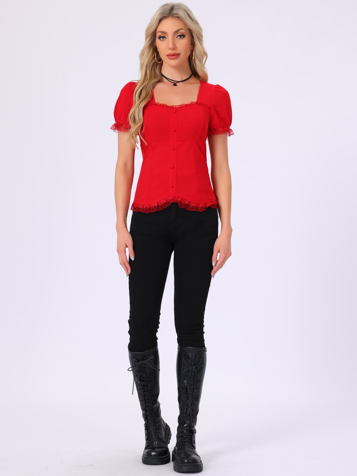 Sweetheart Neck Puff Short Sleeve Lace Up Gothic Blouse