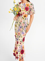 Flower Embroidery Short Sleeve Bodycon Fishtail Dress