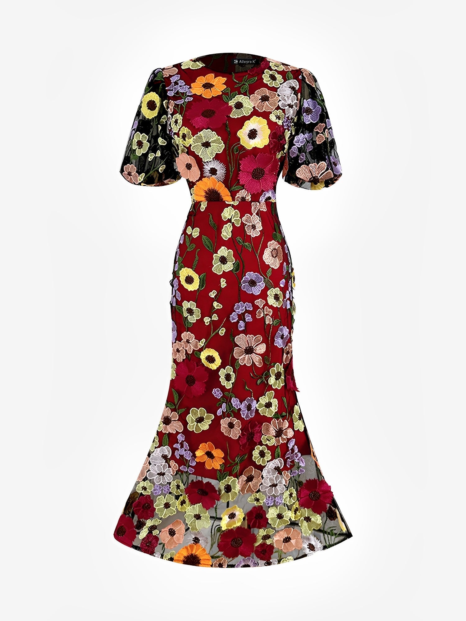 Flower Embroidery Short Sleeve Bodycon Fishtail Dress