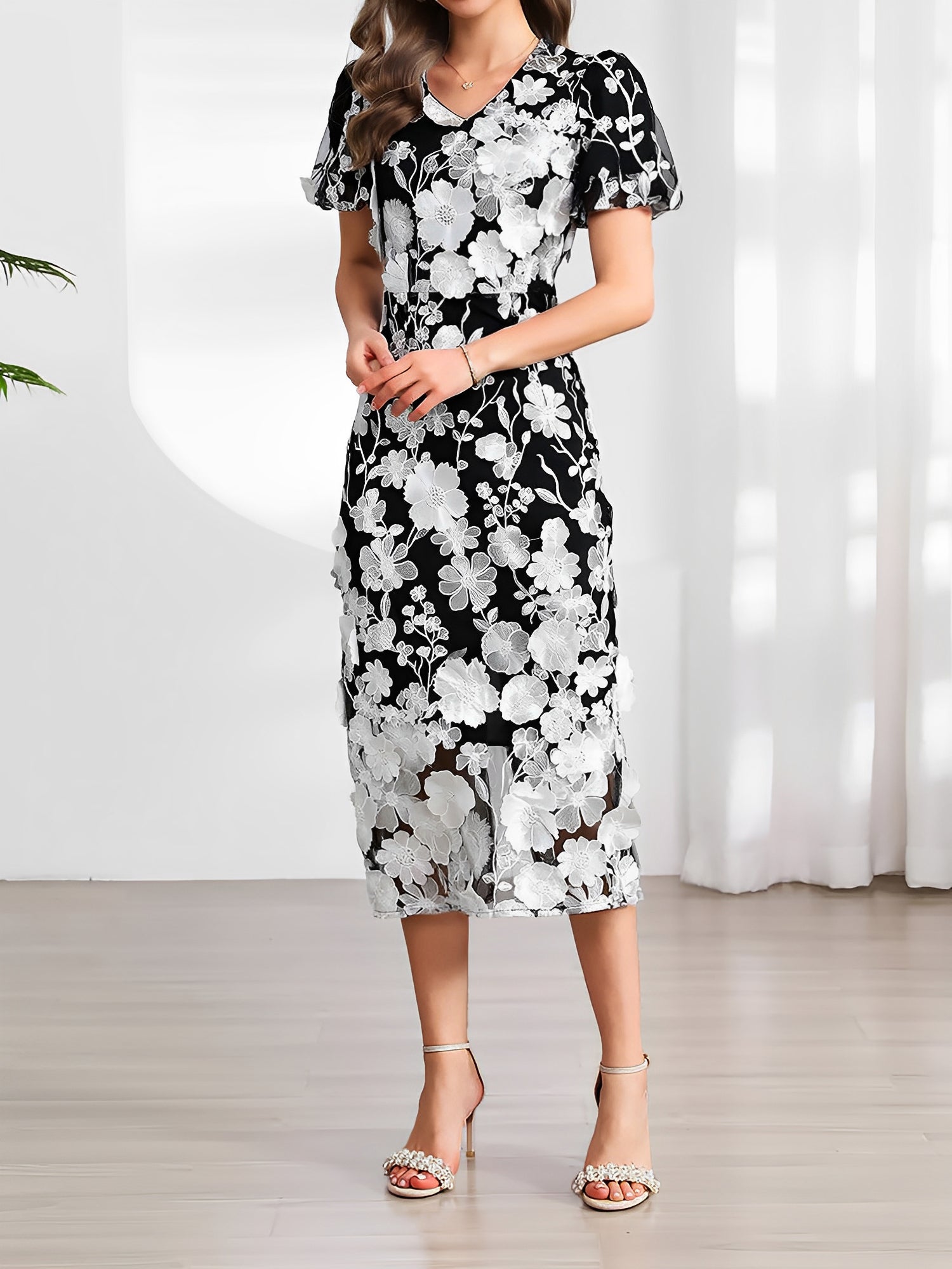 Flower Embroidered Puff Sleeves Midi Sheath Dress