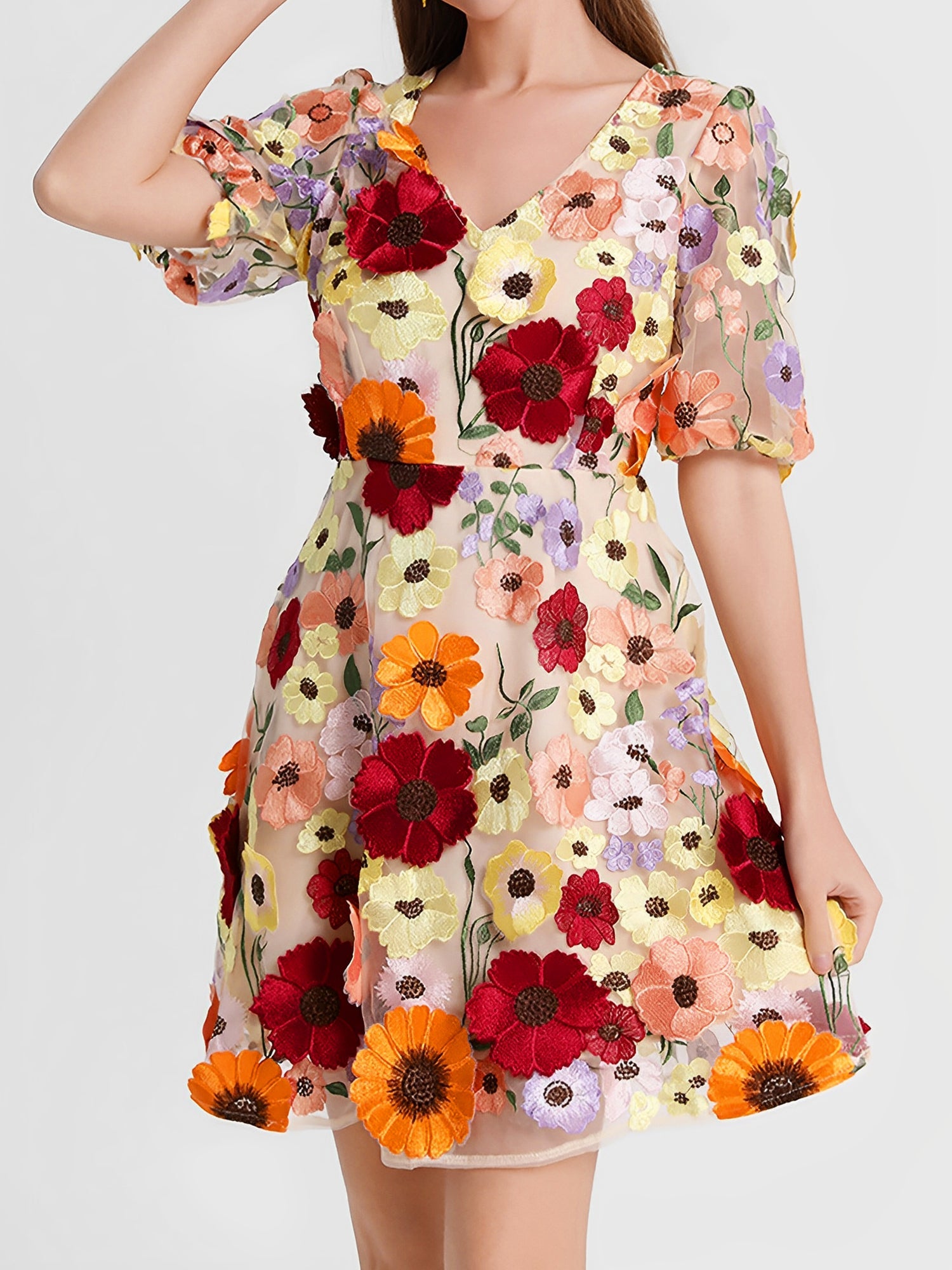 Flower Embroidered Puff Sleeves Mini A-Line Dress