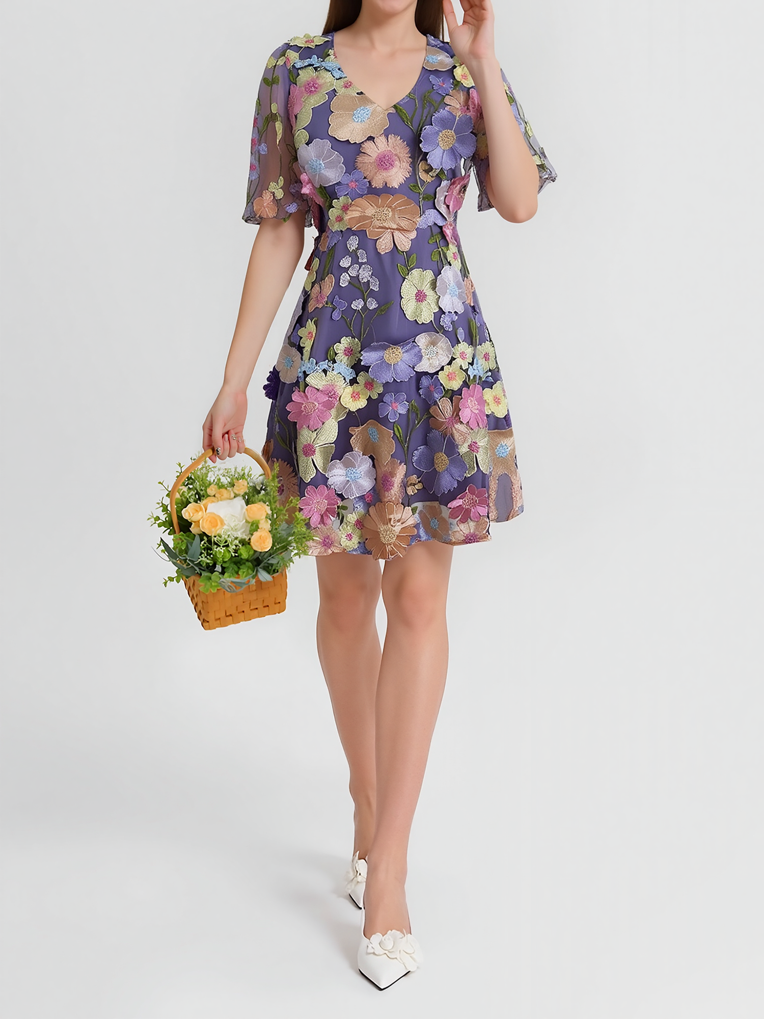 Flower Embroidered Puff Sleeves Mini A-Line Dress