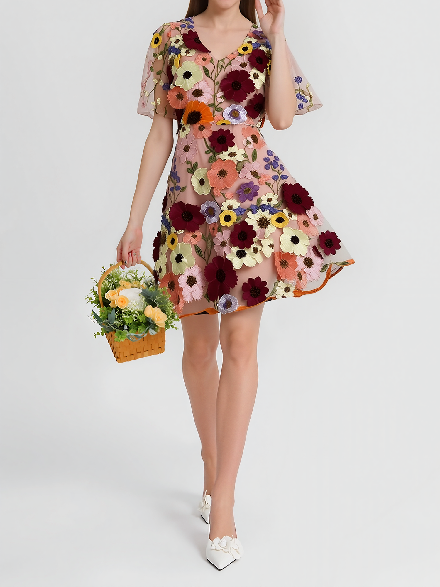 Flower Embroidered Puff Sleeves Mini A-Line Dress
