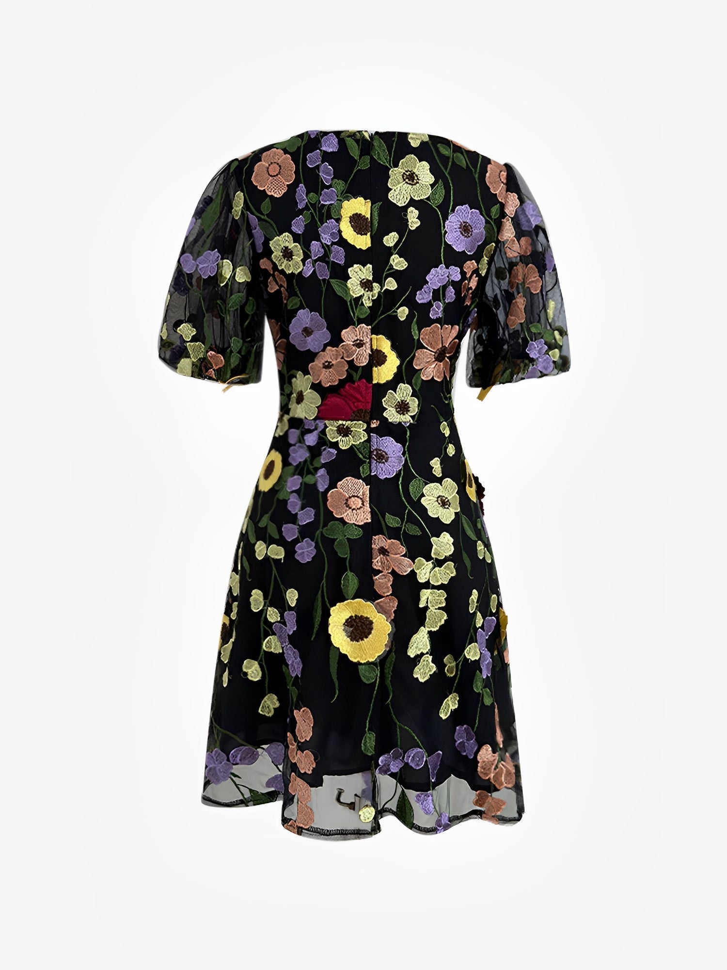 Flower Embroidered Puff Sleeves Mini A-Line Dress