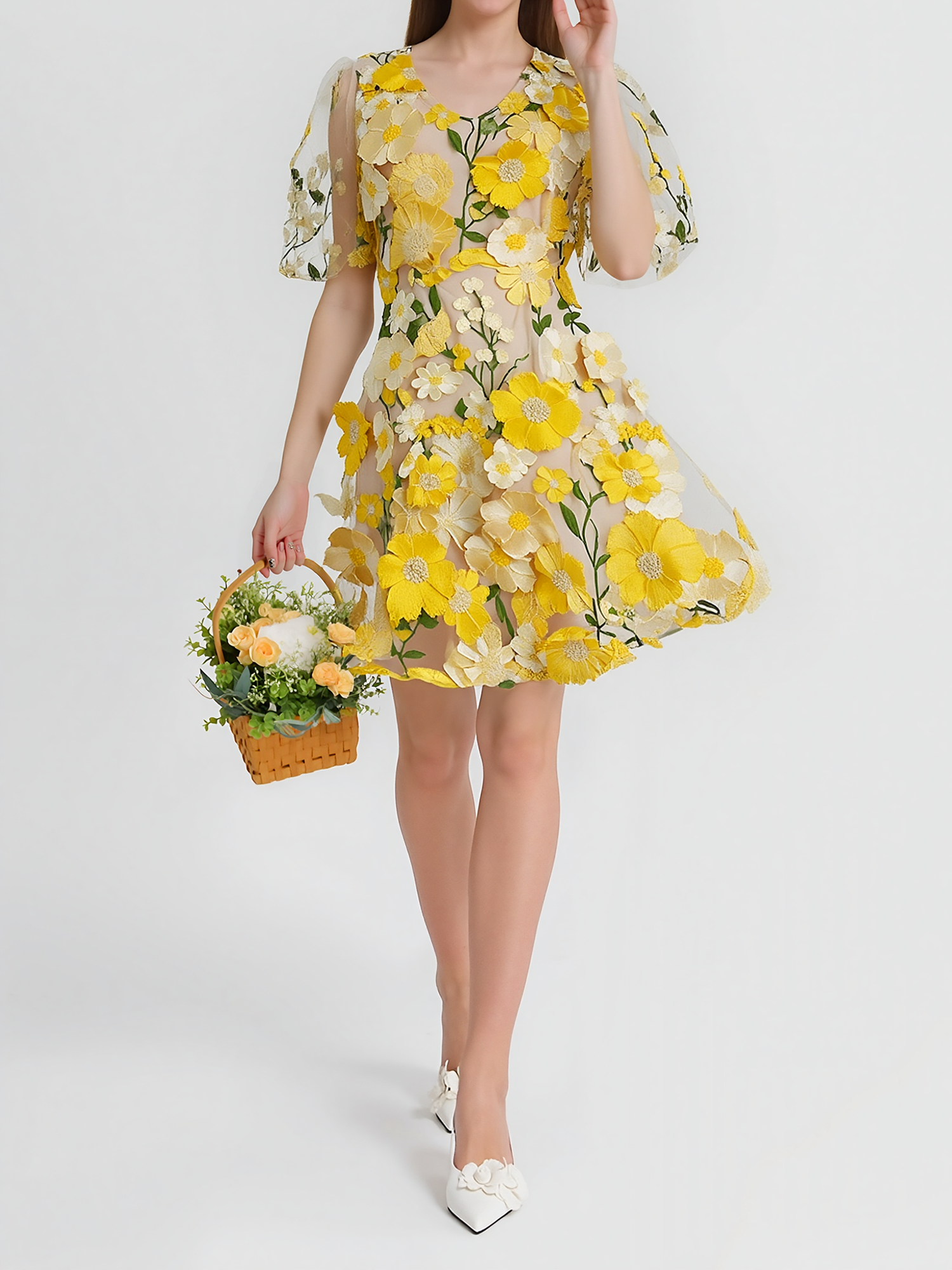 Flower Embroidered Puff Sleeves Mini A-Line Dress