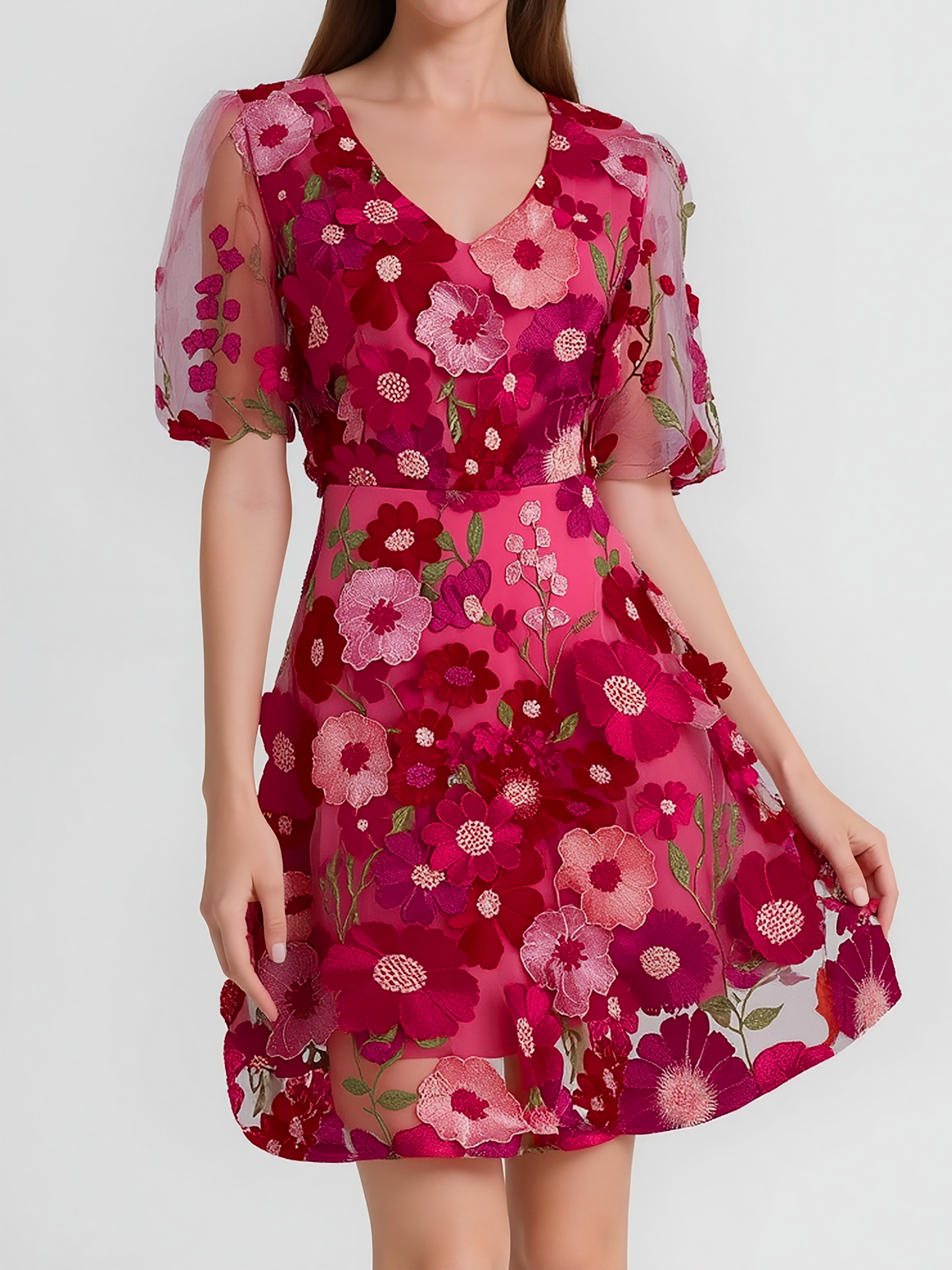 Flower Embroidered Puff Sleeves Mini A-Line Dress