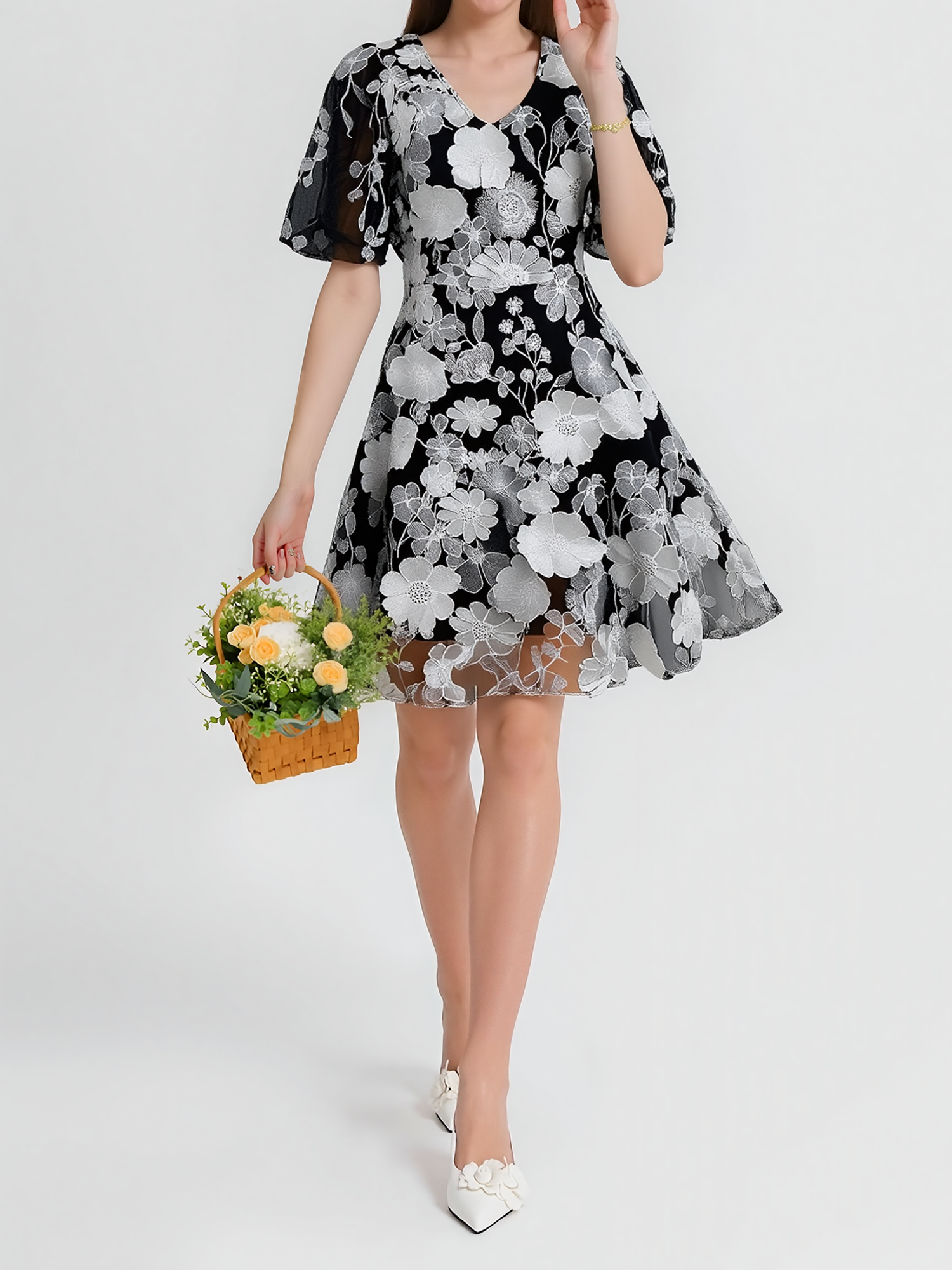 Flower Embroidered Puff Sleeves Mini A-Line Dress