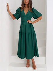 Solid Color V Neck Lantern Sleeve Tiered Maxi Dress