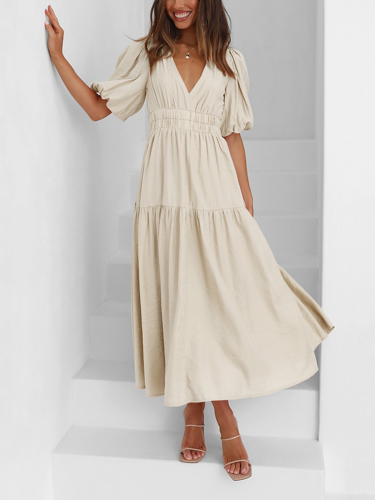 Solid Color V Neck Lantern Sleeve Tiered Maxi Dress