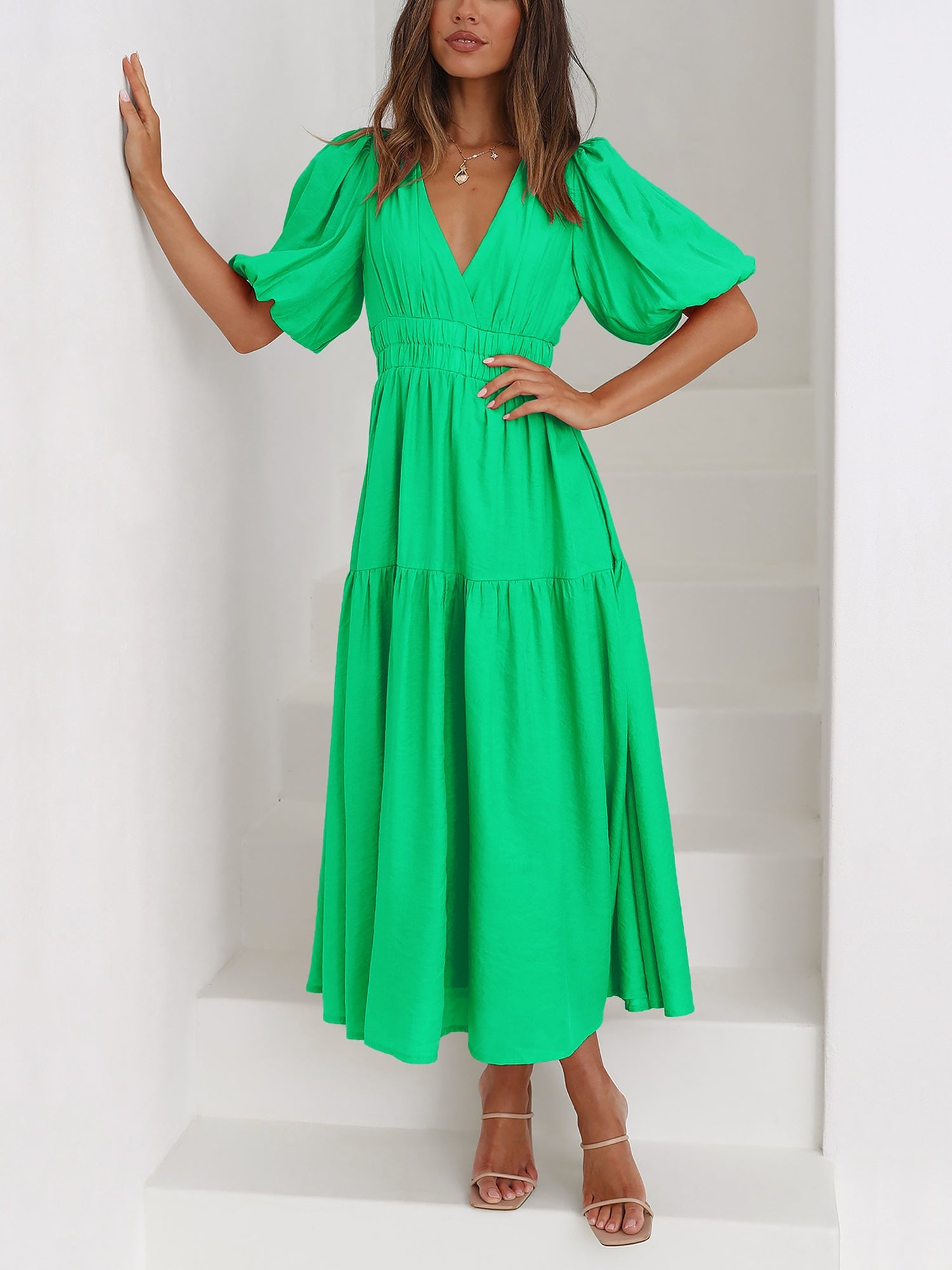 Solid Color V Neck Lantern Sleeve Tiered Maxi Dress