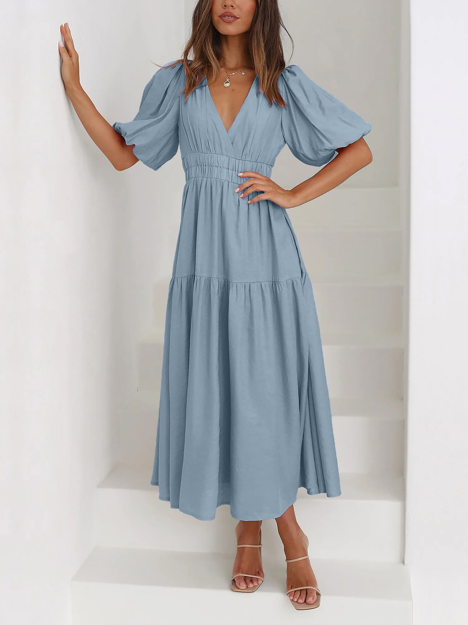 Solid Color V Neck Lantern Sleeve Tiered Maxi Dress
