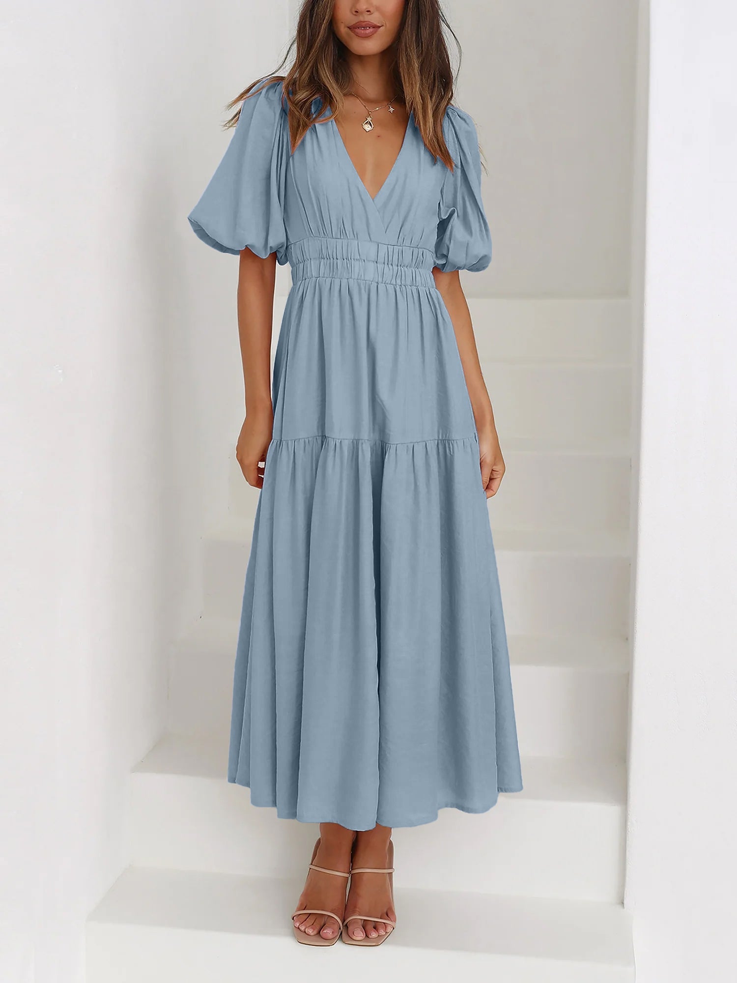 Solid Color V Neck Lantern Sleeve Tiered Maxi Dress